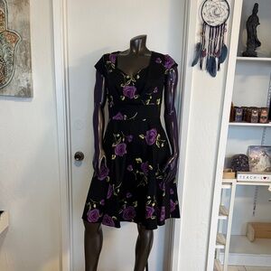 Chic Black Midi Dress with Purple Floral Design